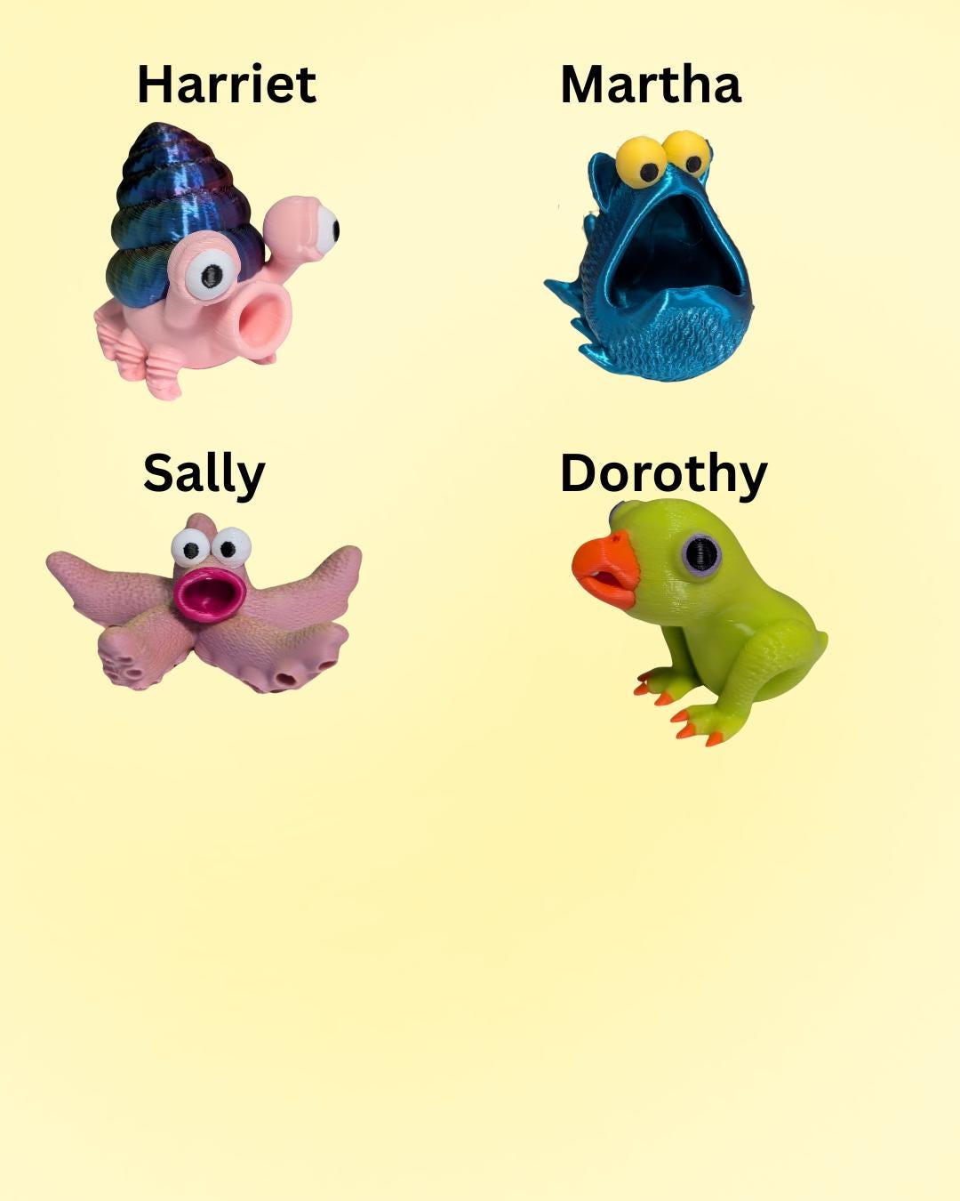 Collection of colorful toy figures with names above each to show which options are available in the mystery packs. Including Harriet, Martha, Sally, Dorothy