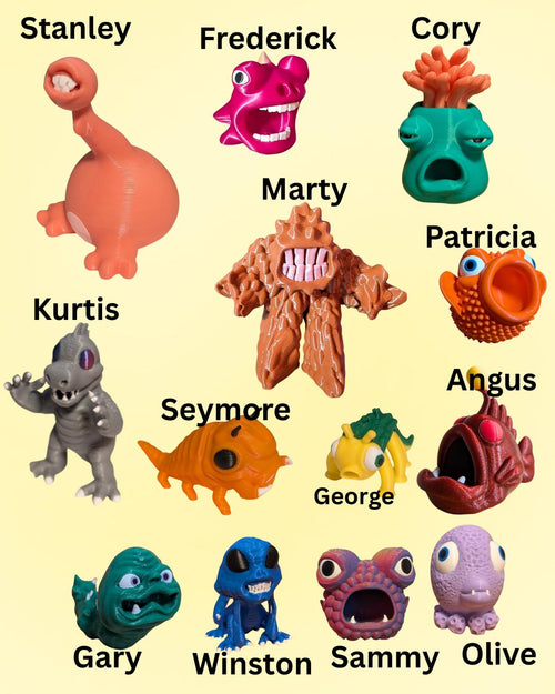 Collection of colorful toy figures with names labeled on a yellow background - including Stanly, Frederick, Cory, Kurtis, Marty, Patricia, Seymore, George, Angus, Gary, Winston, Sammy, and Olive.