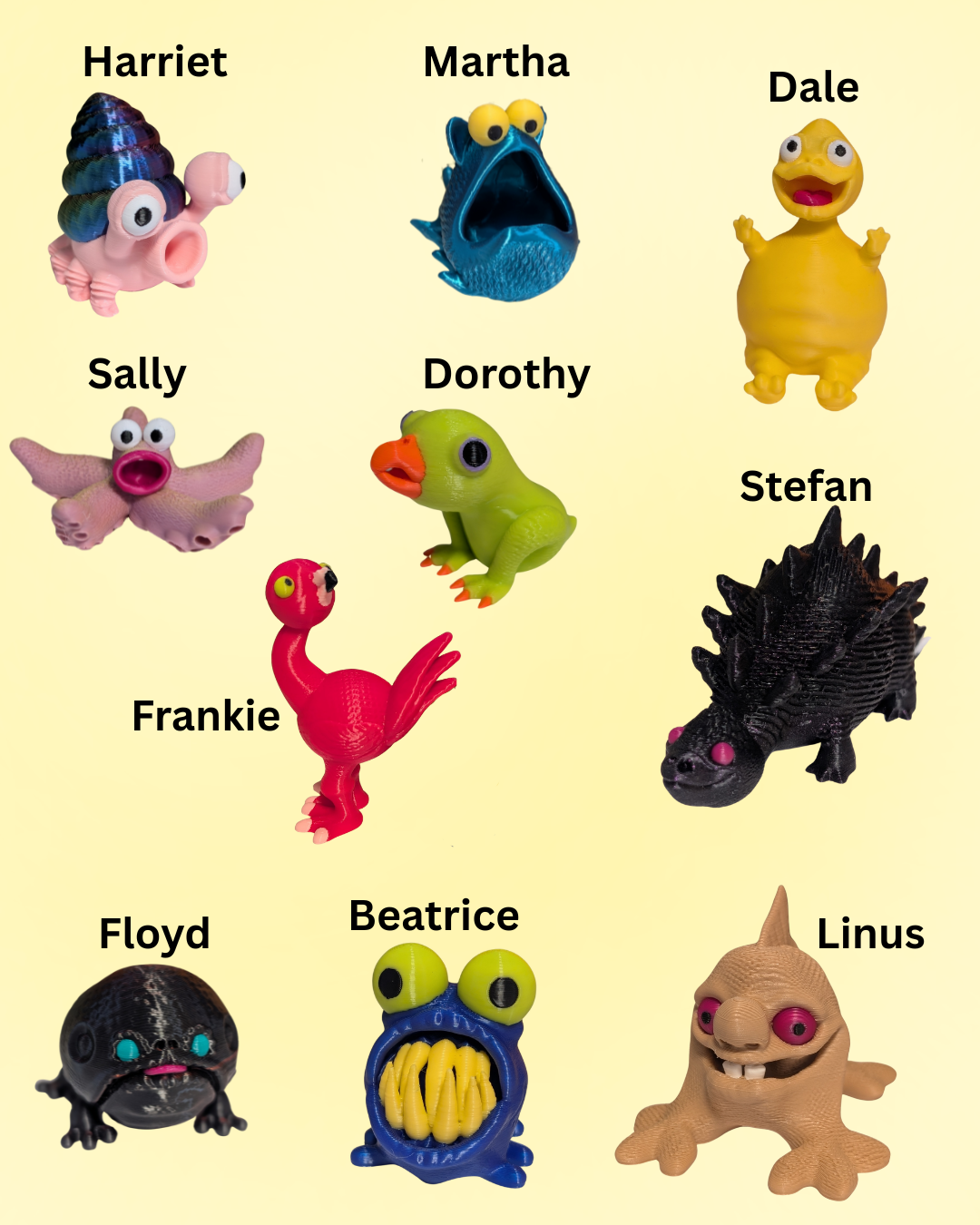 Collection of colorful toy figures with names above each to show which options are available in the mystery packs. Including Harriet, Martha, Dale, Sally, Dorothy, Stefan, Frankie, Floyd, Beatrice, and Linus.