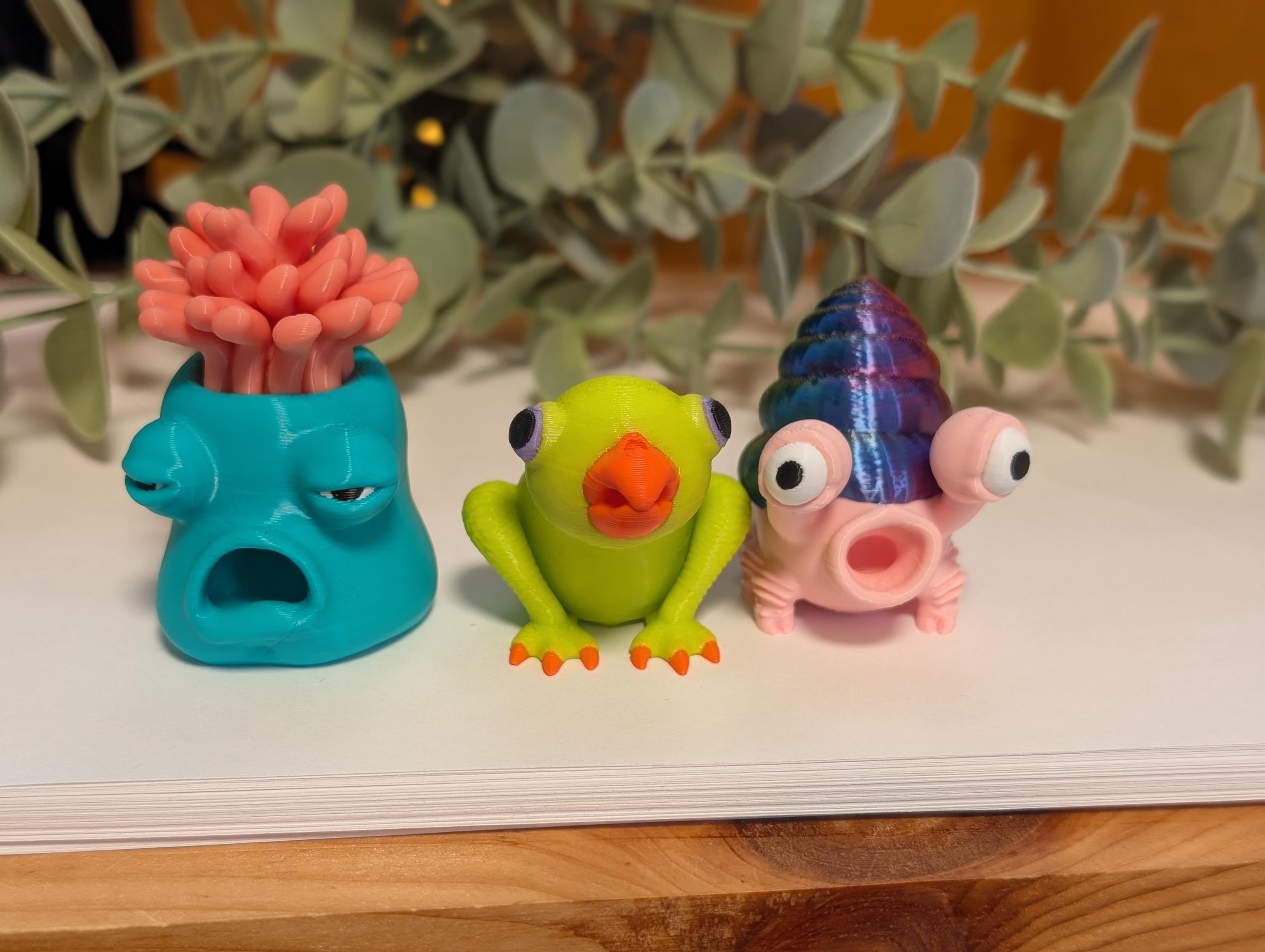 Three colorful trinket figurines on a wooden surface with plants in the background.  Cory the coral, Dorothy the Dodo, and Harriet the Hermit Crab.